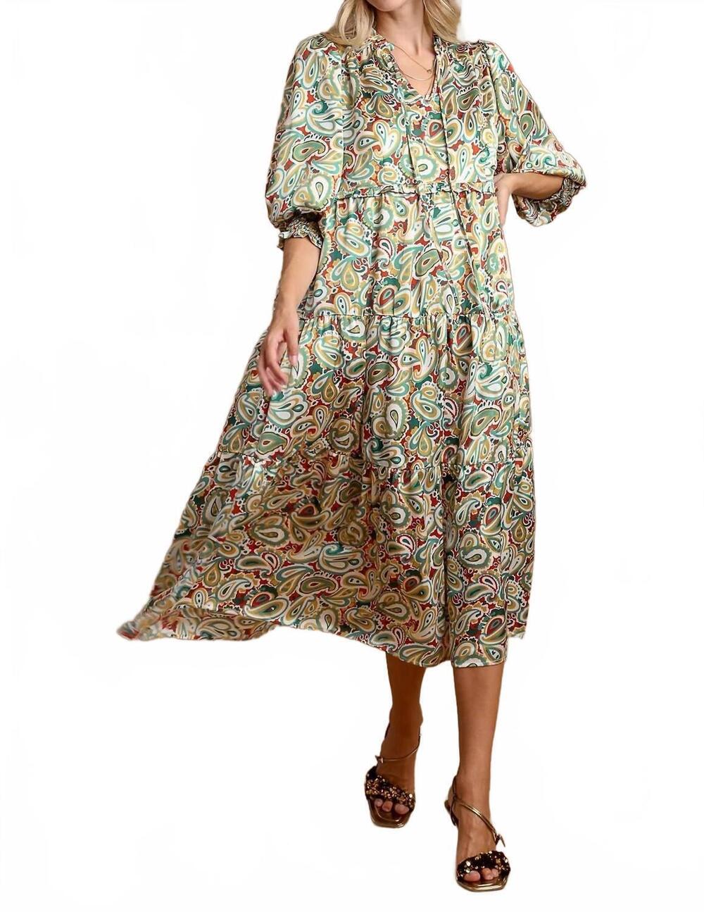 NEW UMGEE satin paisley midi dress with ruffle neck tie in green